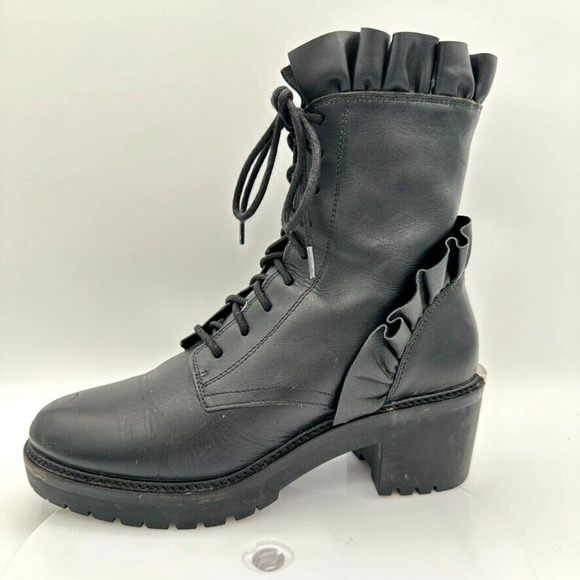 Michael Kors Bella Boots Womens 6M 3D Ruffle Black Leather Lace-Up Lug Sole Y2K - Picture 1 of 12